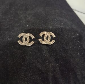 Gold Crystal CC Logo Stud Earrings